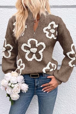 image-Contrast Flower Half-Zipper Sweater - White Stand Neck (63 characters)