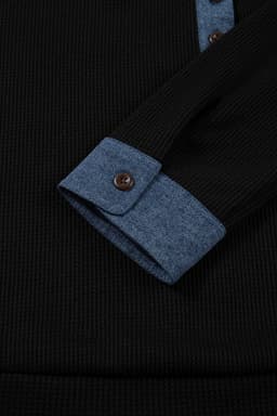 image-Black Textured Knit Denim Patchwork Button Polo Collar Long Sleeve Top