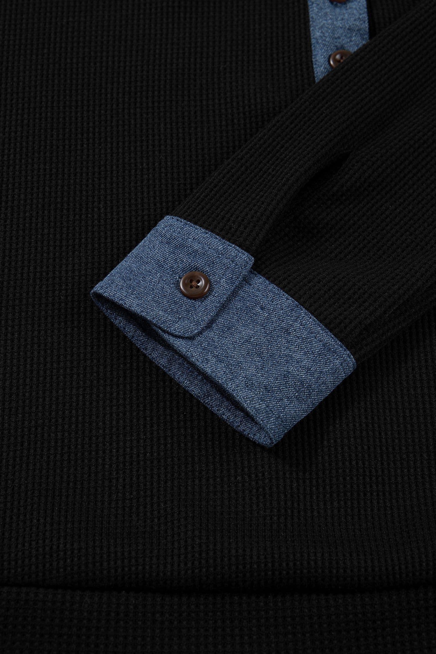 image-Black Textured Knit Denim Patchwork Button Polo Collar Long Sleeve Top