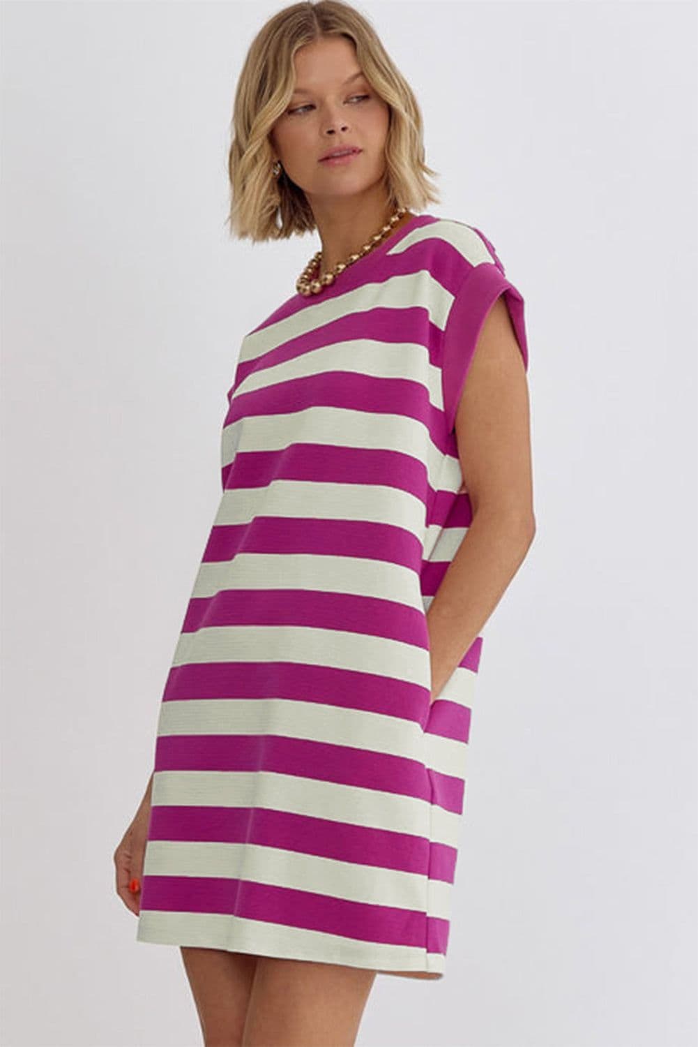 image-Rose Stripe Cap Sleeve Pocketed Shift T-shirt Dress