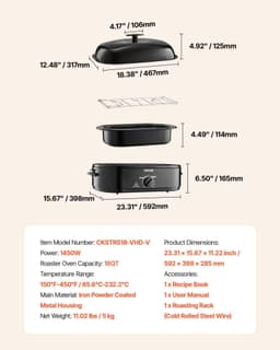 image-VEVOR Roaster Oven, 18QT Fast-Cooking Turkey Roaster, 150-450℉ Adjustable Temperature Turkey Oven with Self-Basting Lid, Removable Pan and Rack, Defrost & Warm Function, Electric Roasting Pan for Home