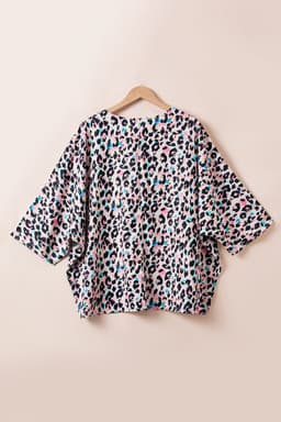 image-Brown Leopard Print V Neck Batwing Sleeve Top