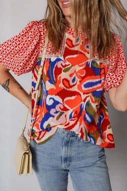 image-Red Paisley Geometric Patchwork Puff Sleeve Blouse