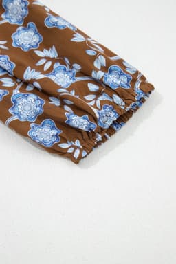 image-Brown Floral Print Ruffled Detail Shirt Collar Button Down Long Sleeve Dress