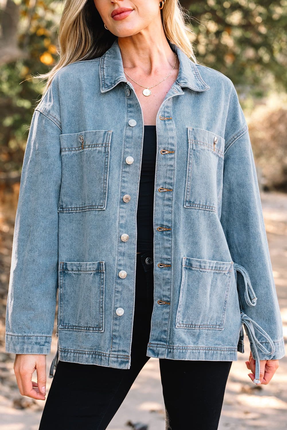 image-Beau Blue Patched Boyfriend Denim Jacket - Side Tie