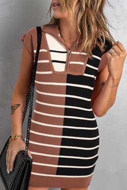 image-Brown Stripe Color Block Sweater Dress - Short Sleeve Quarter Zip Collar
