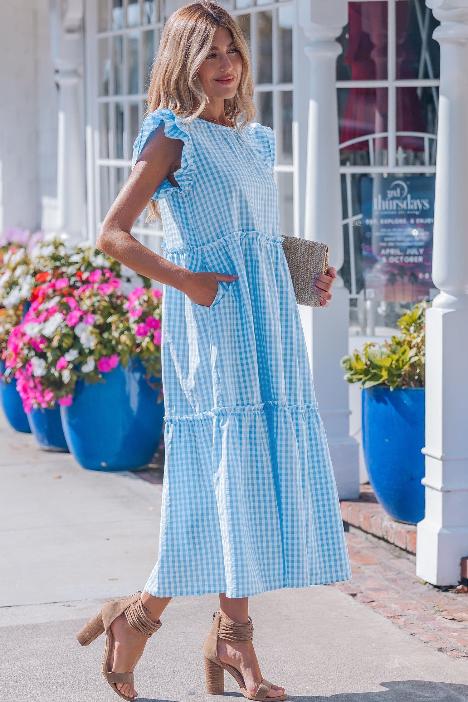 image-Sky Blue Gingham Maxi Dress - Ruffled Short Sleeve