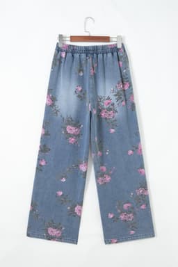 image-Blue Floral Print Elastic Waist Casual Jeans (50 characters)