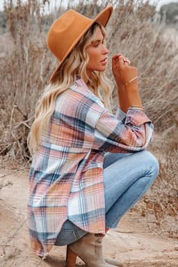 image-Shacket with Pink/Black Plaid Flap Pockets - Chic Style, Loose Fit (65 characters)