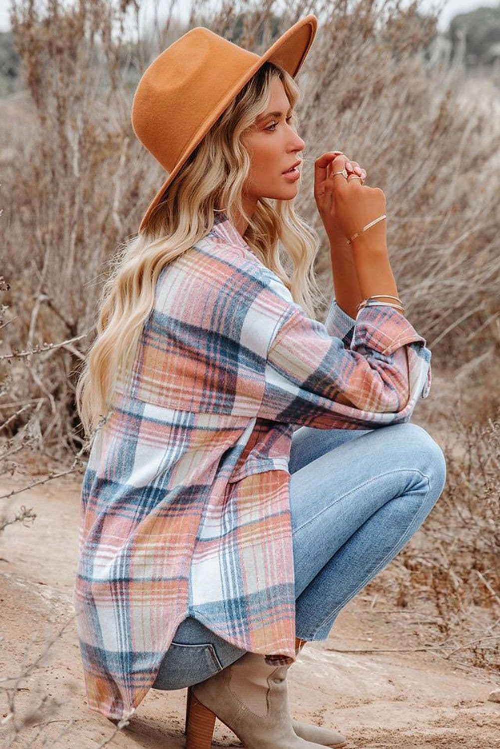 image-Shacket with Pink/Black Plaid Flap Pockets - Chic Style, Loose Fit (65 characters)