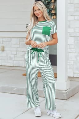 image-Khaki Stripe Crew Neck Tee Drawstring Waist Cropped Pants Set