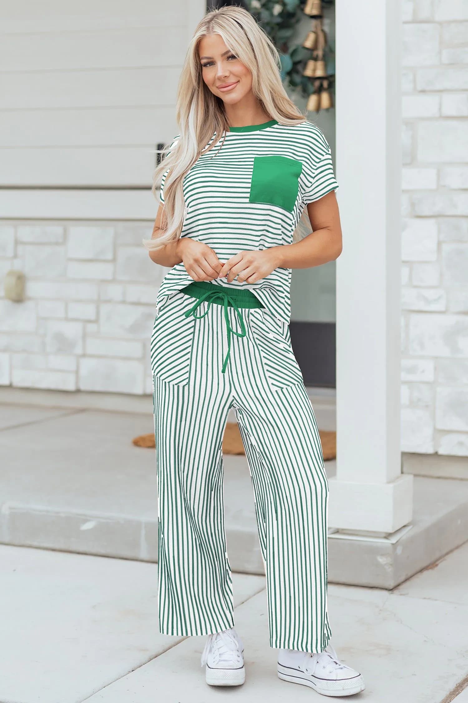 image-Khaki Stripe Crew Neck Tee Drawstring Waist Cropped Pants Set