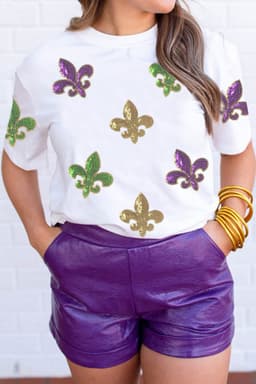 image-White Mardi Gras Fleur De Lis Sequin Graphic T-Shirt - White