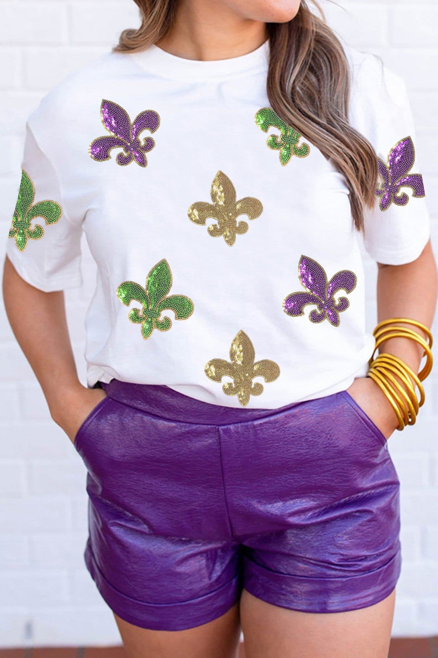 image-White Mardi Gras Fleur De Lis Sequin Graphic T-Shirt - White