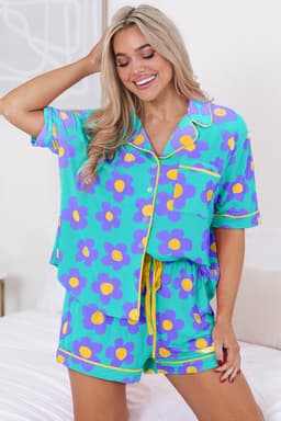 image-Green Flower Print Short Sleeve Pajamas Set