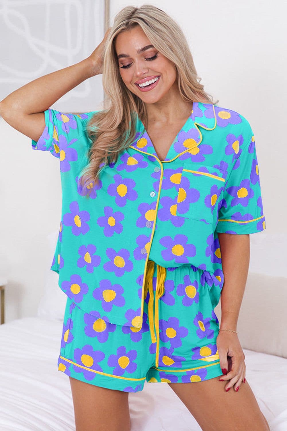 image-Green Flower Print Short Sleeve Pajamas Set