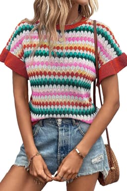 image-Fiery Red Trimmed Ruffle Sleeve Colorful Textured Sweater