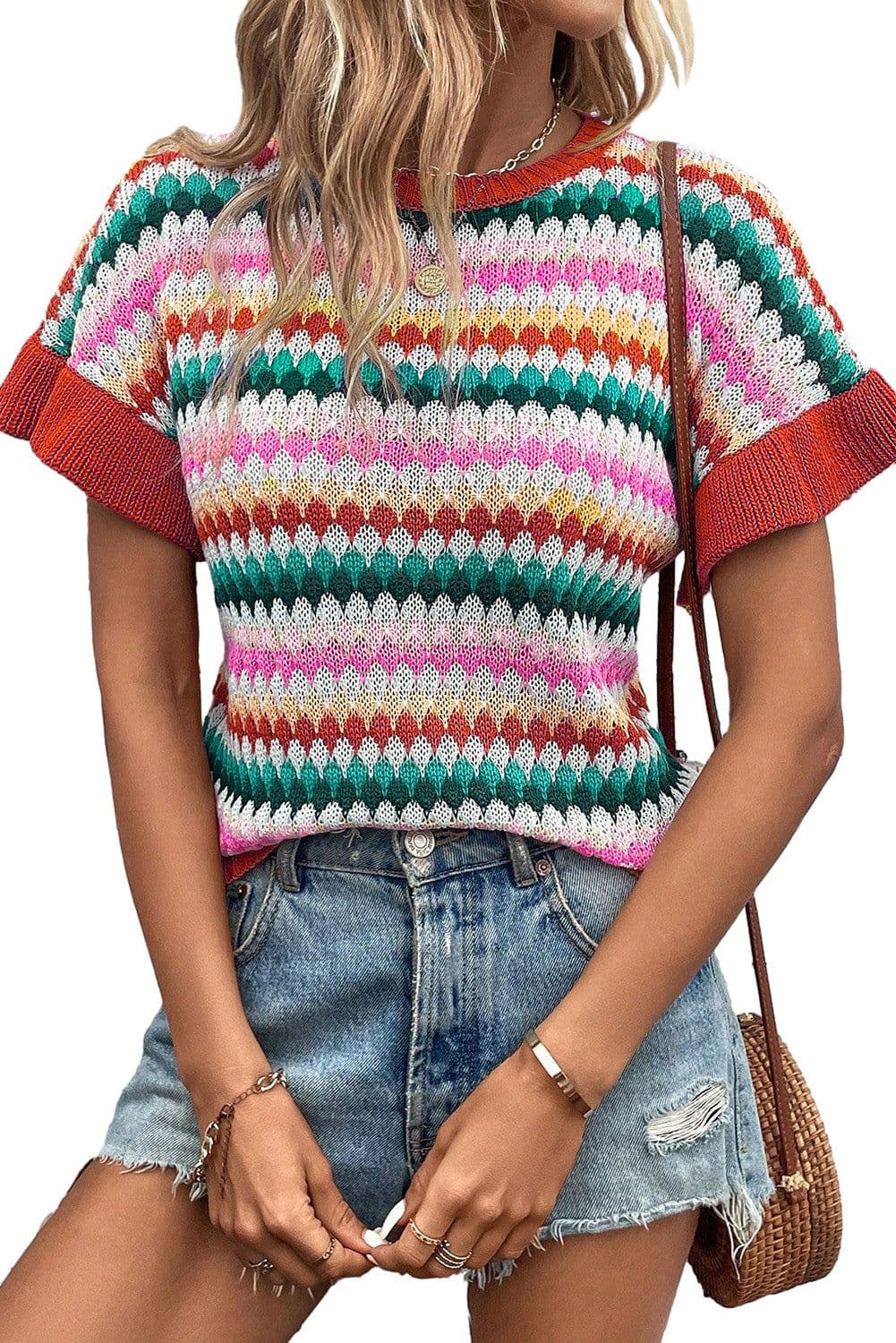 image-Fiery Red Trimmed Ruffle Sleeve Colorful Textured Sweater