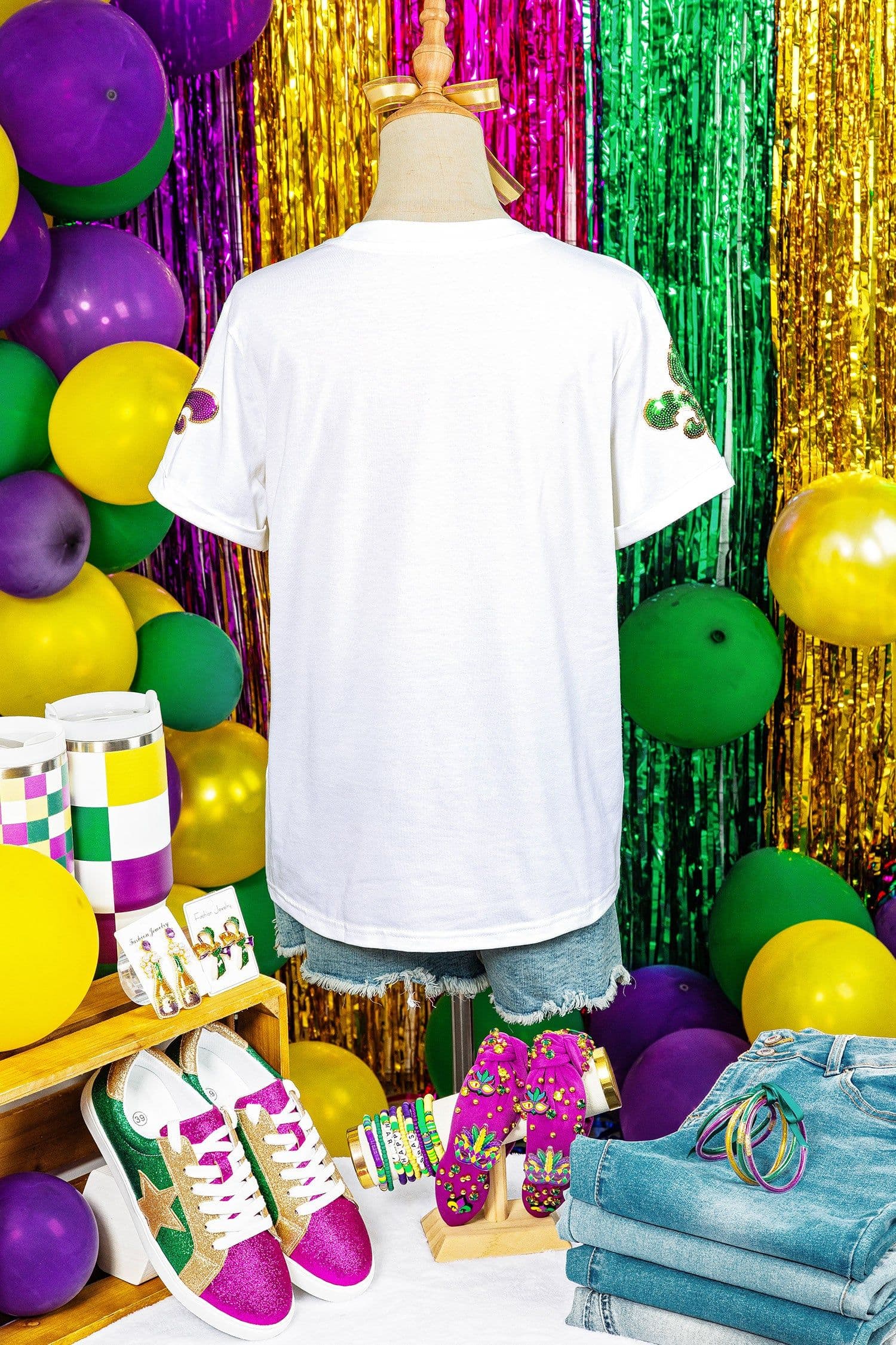 image-White Mardi Gras Fleur De Lis Sequin Graphic T-Shirt - White
