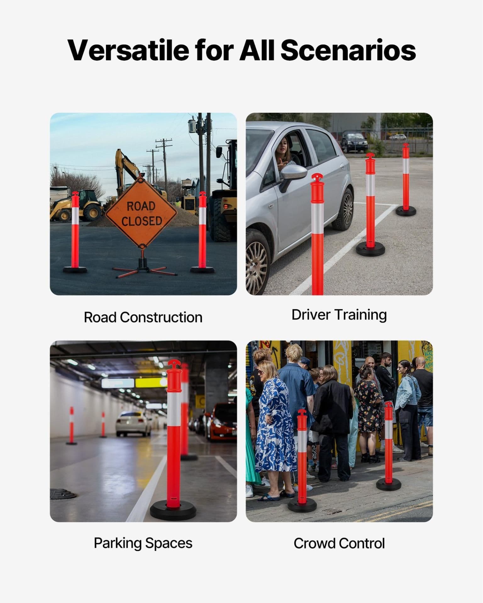 image-VEVOR 6 Pack Traffic Delineator Posts, 48 inches Traffic Safety Cones with Fillable Base and Reflective Strips, Heavy Duty Delineator Posts for Construction Site, Parking Lot, Crowd Control, Red