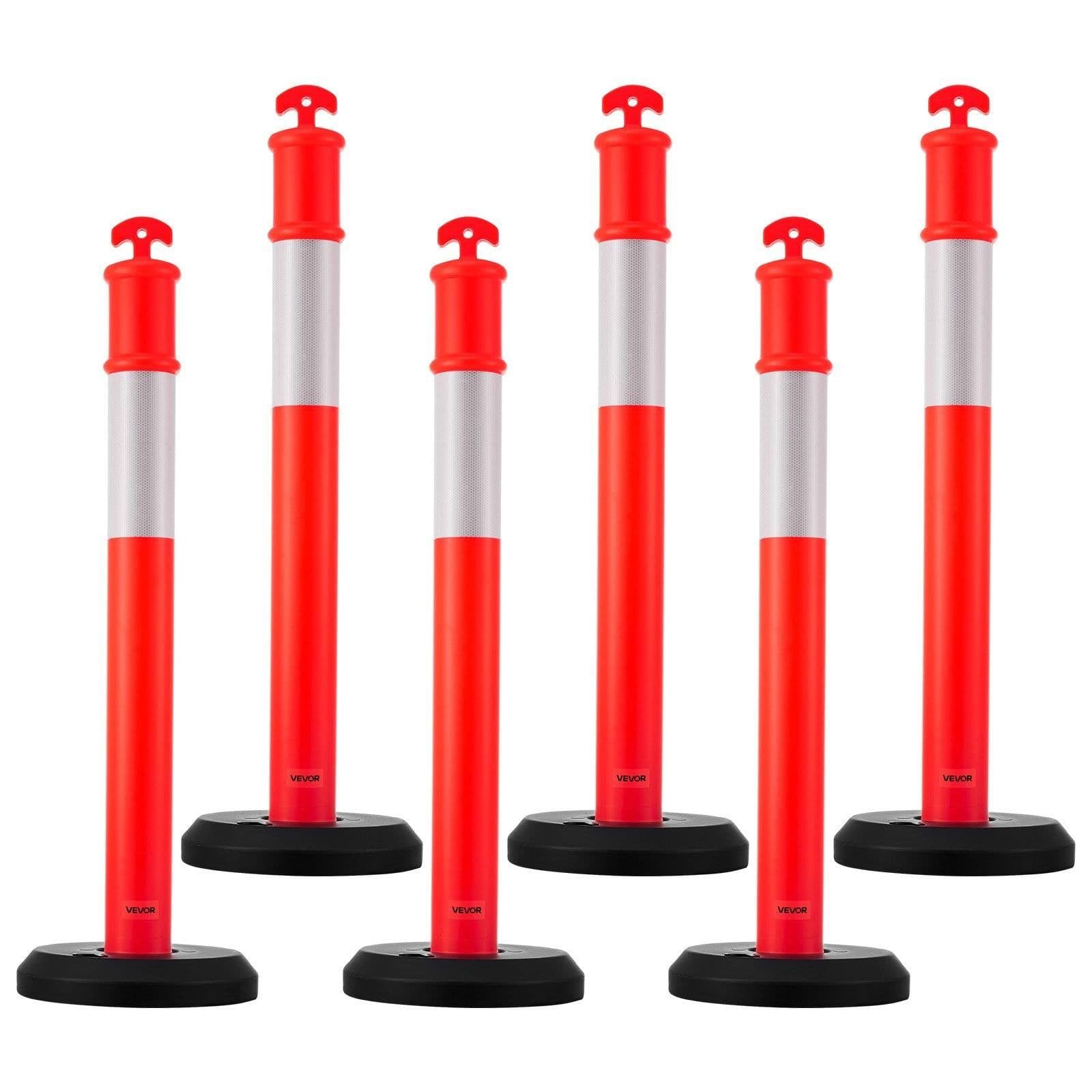 image-VEVOR 6 Pack Traffic Delineator Posts, 48 inches Traffic Safety Cones with Fillable Base and Reflective Strips, Heavy Duty Delineator Posts for Construction Site, Parking Lot, Crowd Control, Red