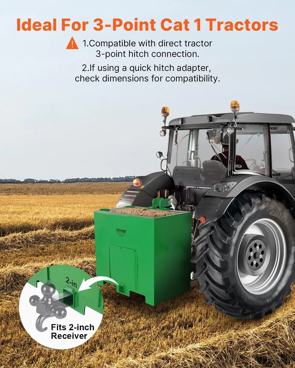 image-VEVOR Ballast Box, Corrosion-Proof 3-Point Category 1 Tractor Ballast of 800lbs Load Capacity for 2" Hitch Receiver, Heavy-Duty Thickened Steel 5ft³ Volume, Loader Attachment with Sliding Door, Green