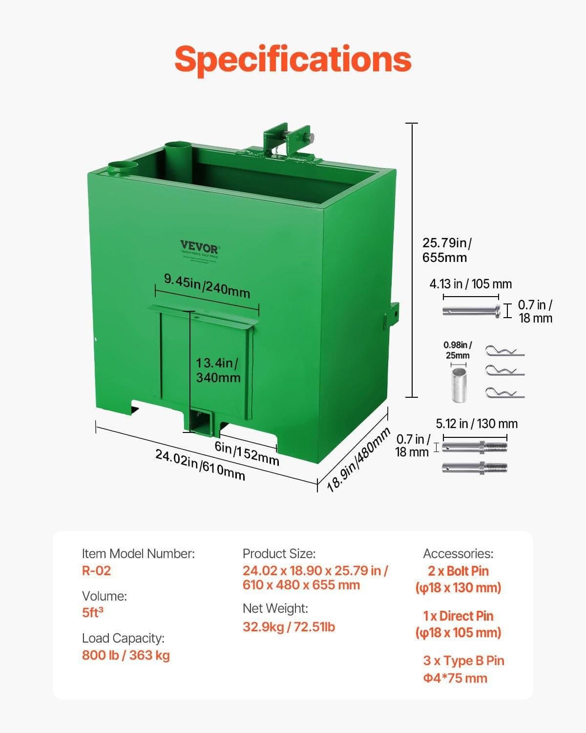 image-VEVOR Ballast Box, Corrosion-Proof 3-Point Category 1 Tractor Ballast of 800lbs Load Capacity for 2" Hitch Receiver, Heavy-Duty Thickened Steel 5ft³ Volume, Loader Attachment with Sliding Door, Green
