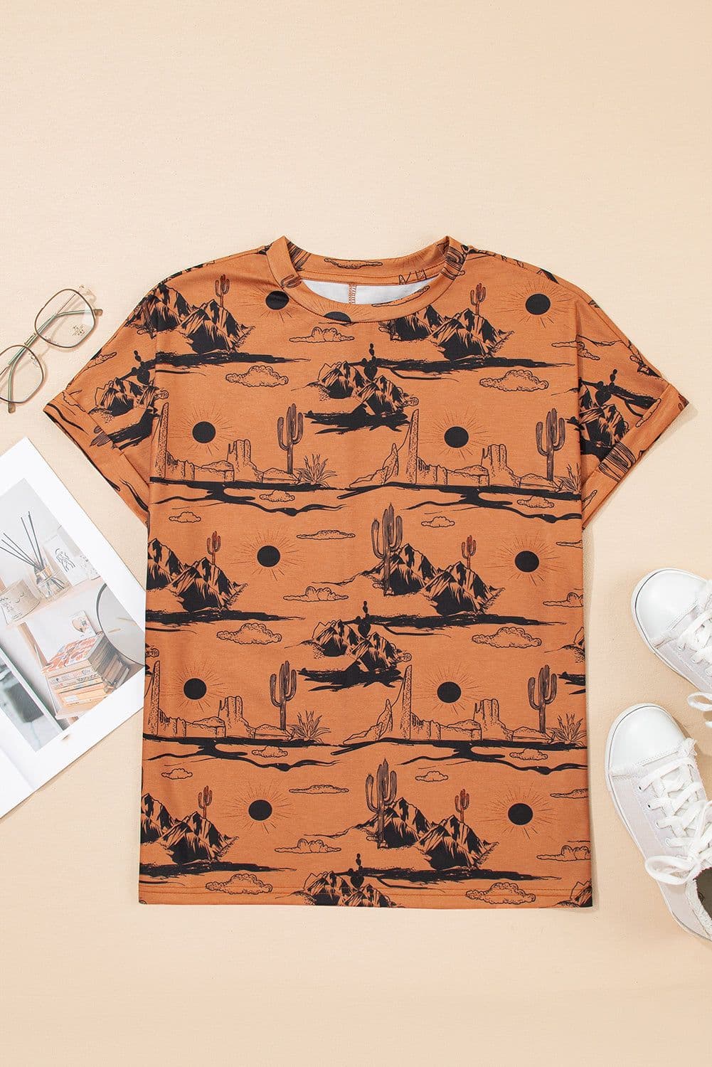 image-Chestnut Desert Sand Print Short Sleeve Knit Top