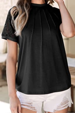 image-Khaki Contrast Lace Raglan Sleeve Tee - Casual Short Sleeve Top