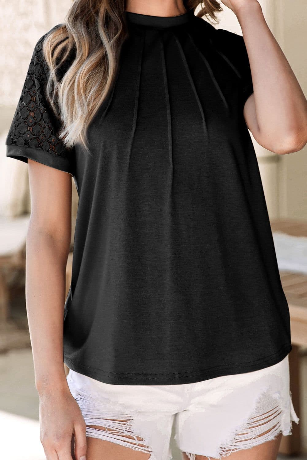 image-Khaki Contrast Lace Raglan Sleeve Tee - Casual Short Sleeve Top
