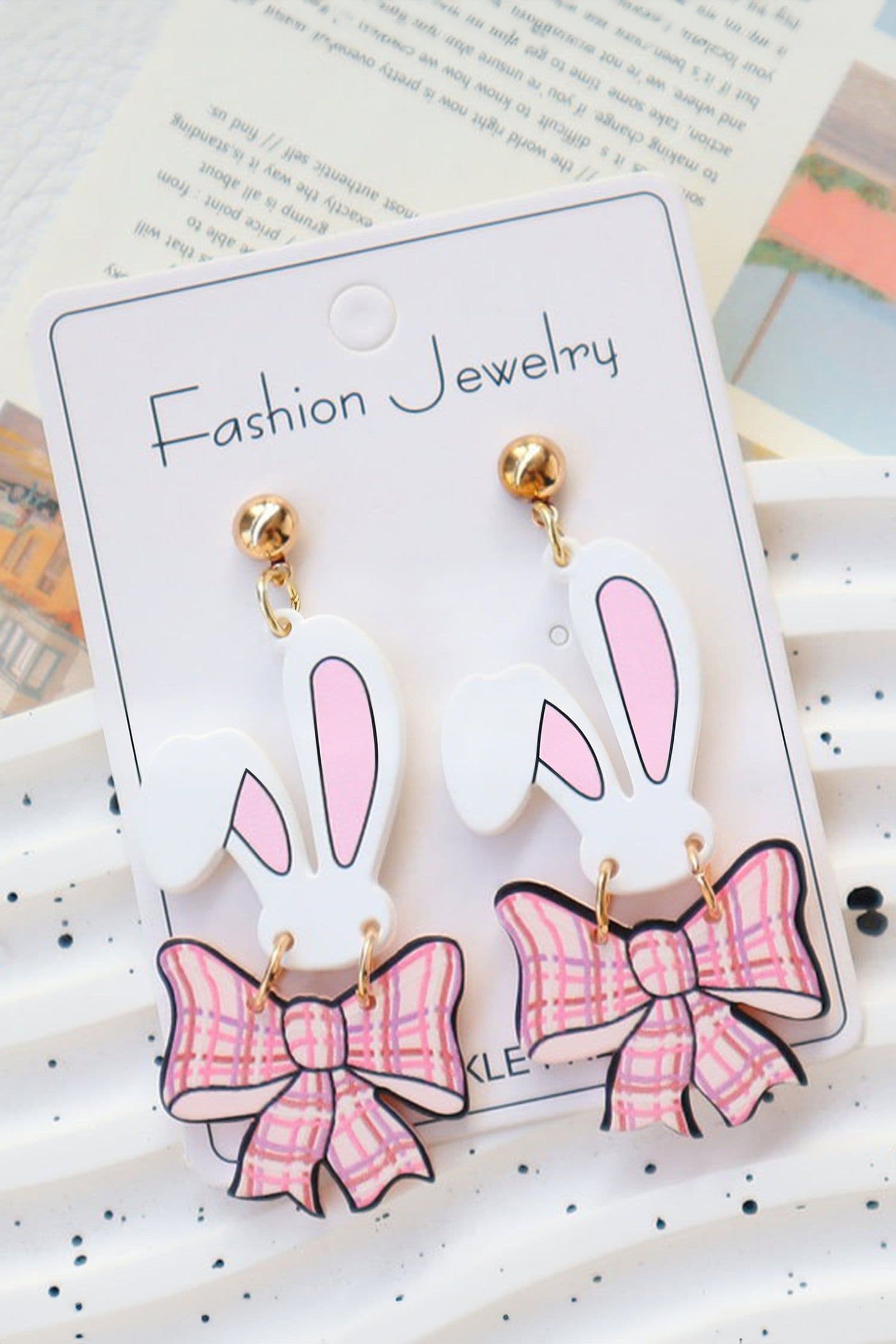 image-Pink Plaid Bow Bunny Drop Earrings