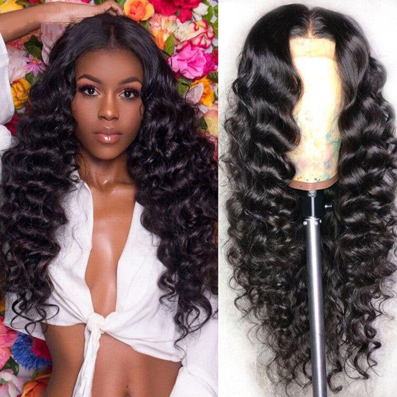 image-Human Hair Loose Deep Lace Frontal Wigs 13x4 Headgear