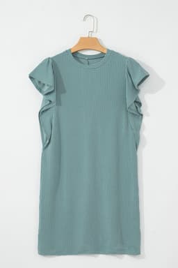 image-Canton Ruffle Sleeve Shift Dress - Elegant Crew Neck Design, Corded Style
