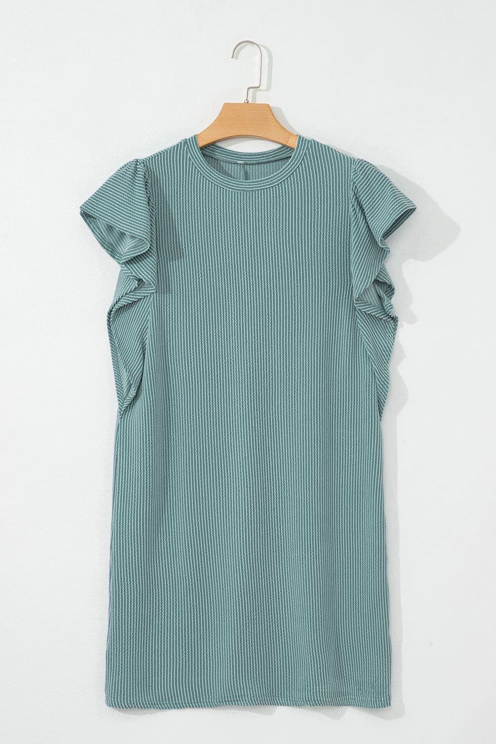 image-Canton Ruffle Sleeve Shift Dress - Elegant Crew Neck Design, Corded Style