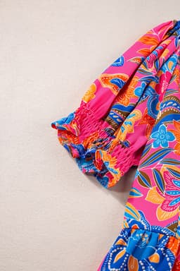 image-Rose Abstract Print Smocked Puff Sleeve V Neck Blouse