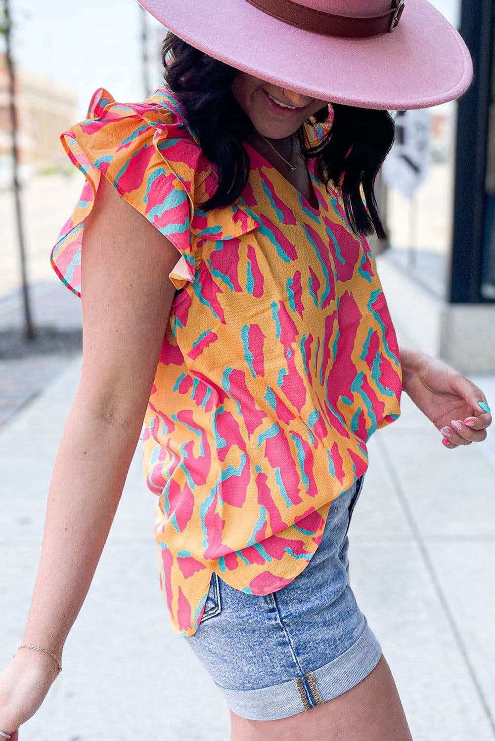 image-Abstract Print V-Neck Blouse - Orange Ruffled Sleeves