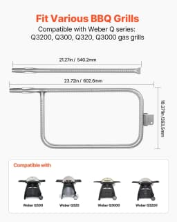 image-VEVOR Grill Burner Tube for Weber Q3200, Q300 (2013 & earlier), Q320, Q3000 (2014 & newer), 23.75 inch 304 Stainless Steel Tube Burner for Weber 404341, 57060001, 586002, Replacement Part 60036, 80385