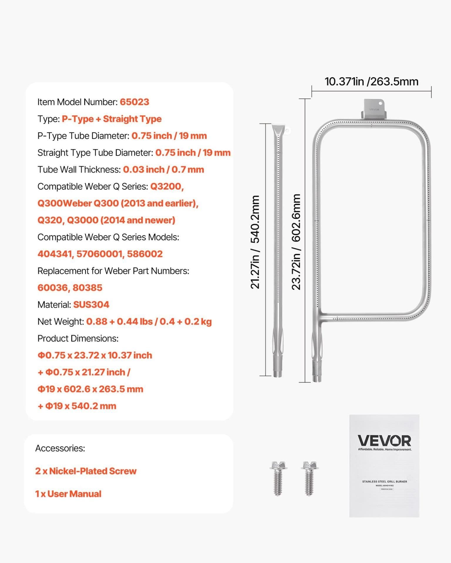 image-VEVOR Grill Burner Tube for Weber Q3200, Q300 (2013 & earlier), Q320, Q3000 (2014 & newer), 23.75 inch 304 Stainless Steel Tube Burner for Weber 404341, 57060001, 586002, Replacement Part 60036, 80385