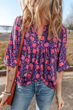 image-Floral Half Sleeve Split Neck Blouse Top - Purple