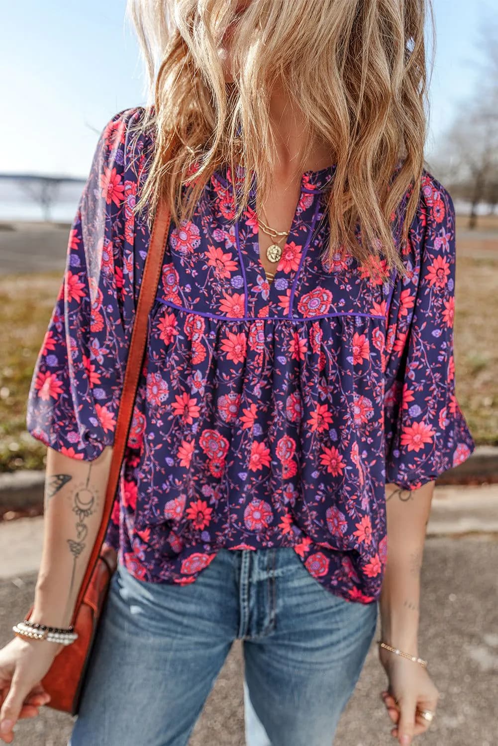 image-Floral Half Sleeve Split Neck Blouse Top - Purple