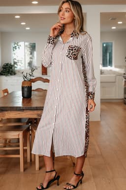 image-Sky Blue Stripe Leopard Patchwork Shirt Dress