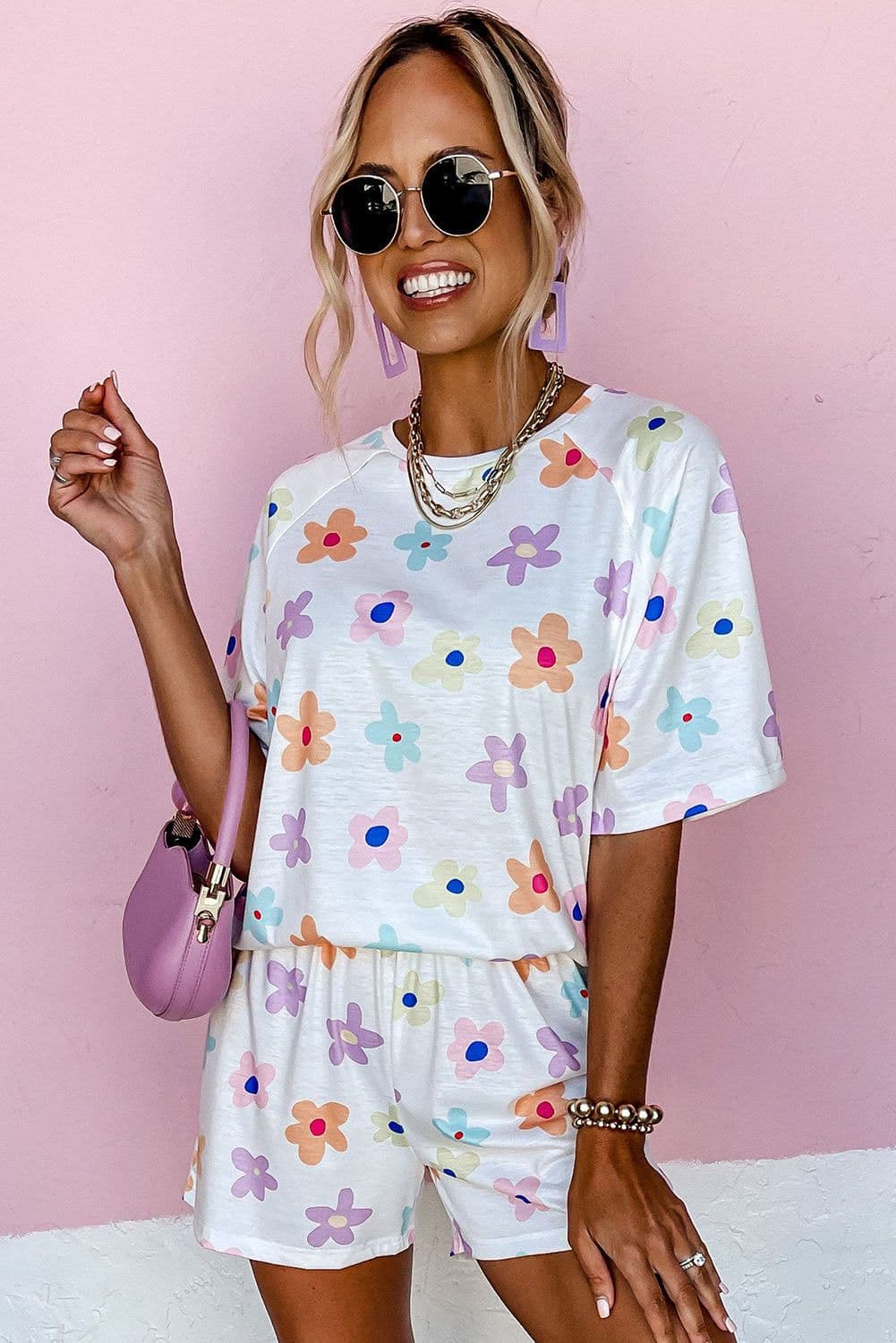 image-Pink Flower Print Short Sleeve High Waist Two Piece Shorts Set
