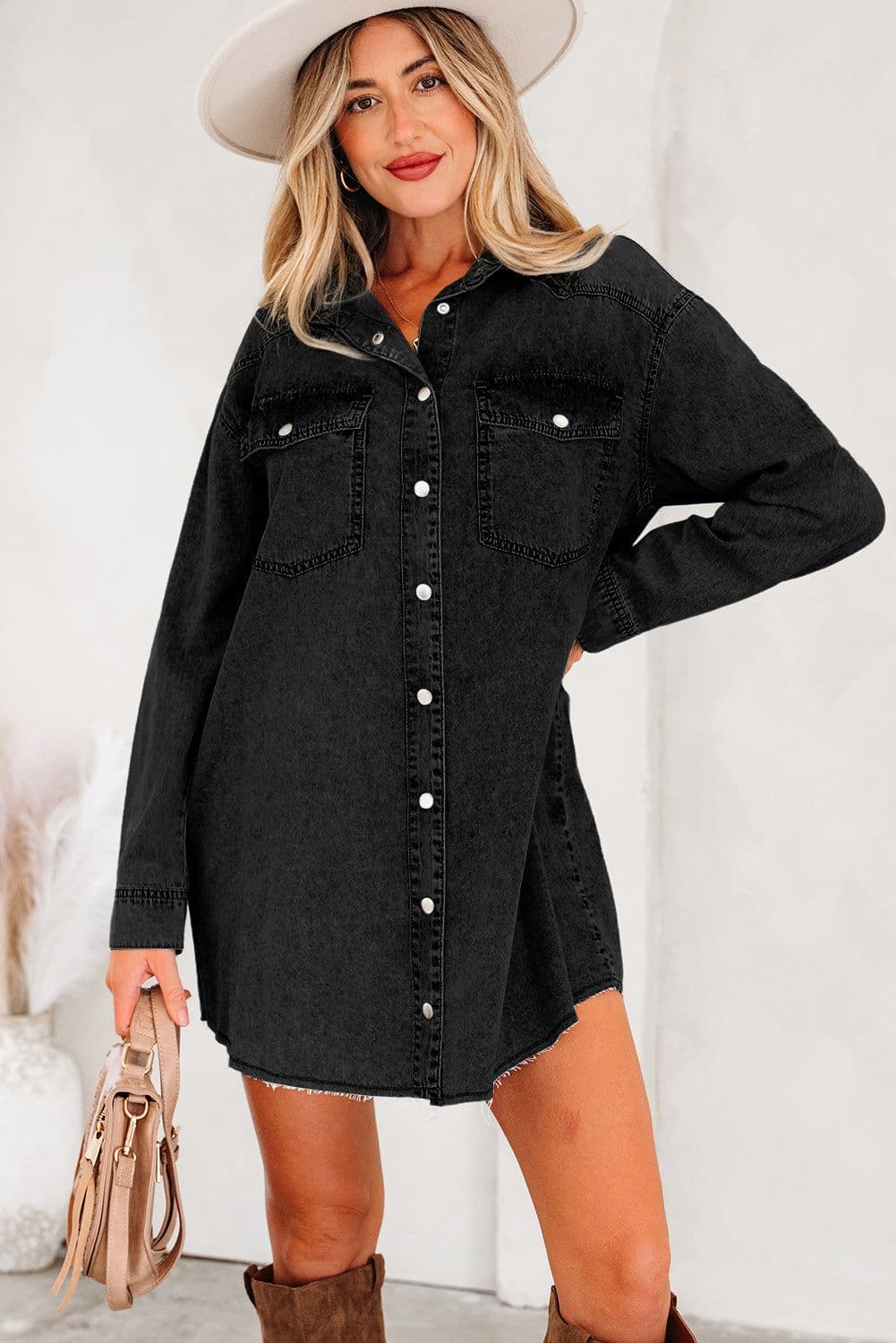 image-Blue Denim Shirt Dress Chest Pocket Raw Hem Loose