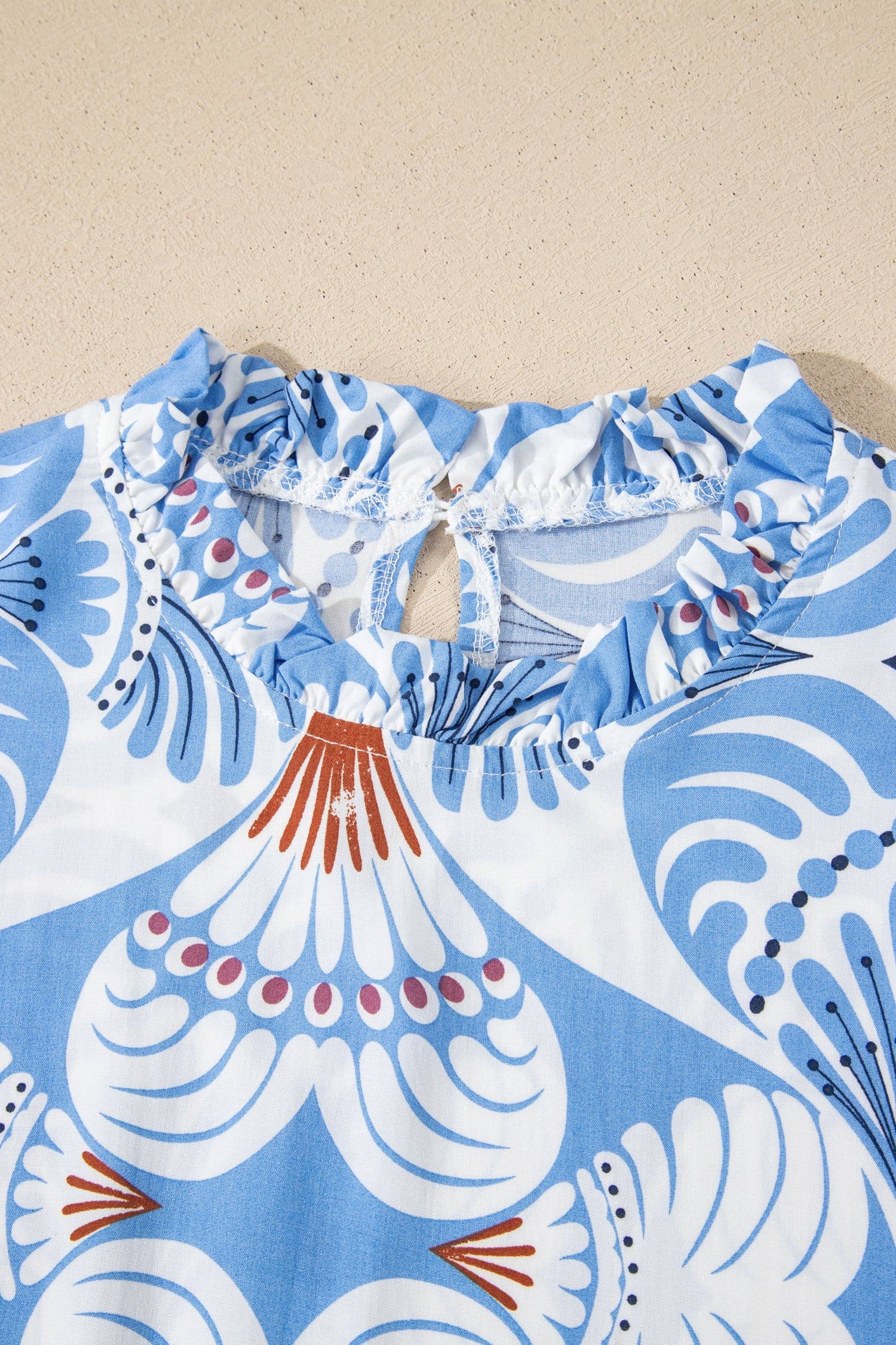 image-Sky Blue Tropical Botanic Print Flutter Sleeve Long Dress