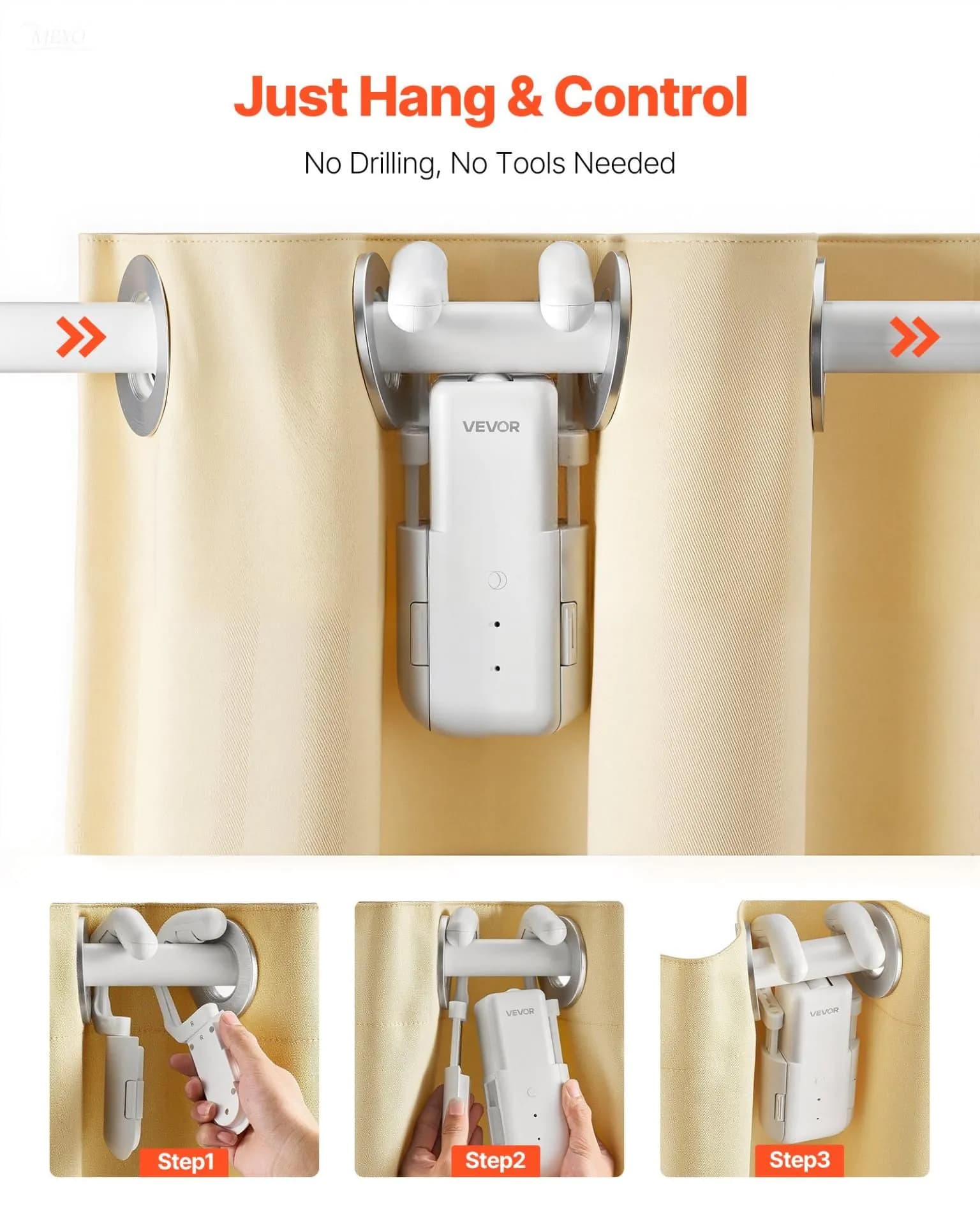 image-VEVOR Automatic Curtain Opener, APP and Remote Control, Hub Included, Electric Smart Curtain Opener Compatible with Alexa and Google Home, Timed Opening and Closing, Silent Mode, for Roman Rods