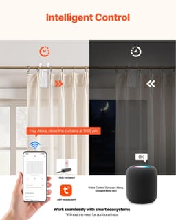 image-VEVOR Automatic Curtain Opener, APP and Remote Control, Hub Included, Electric Smart Curtain Opener Compatible with Alexa and Google Home, Timed Opening and Closing, Silent Mode, for Roman Rods