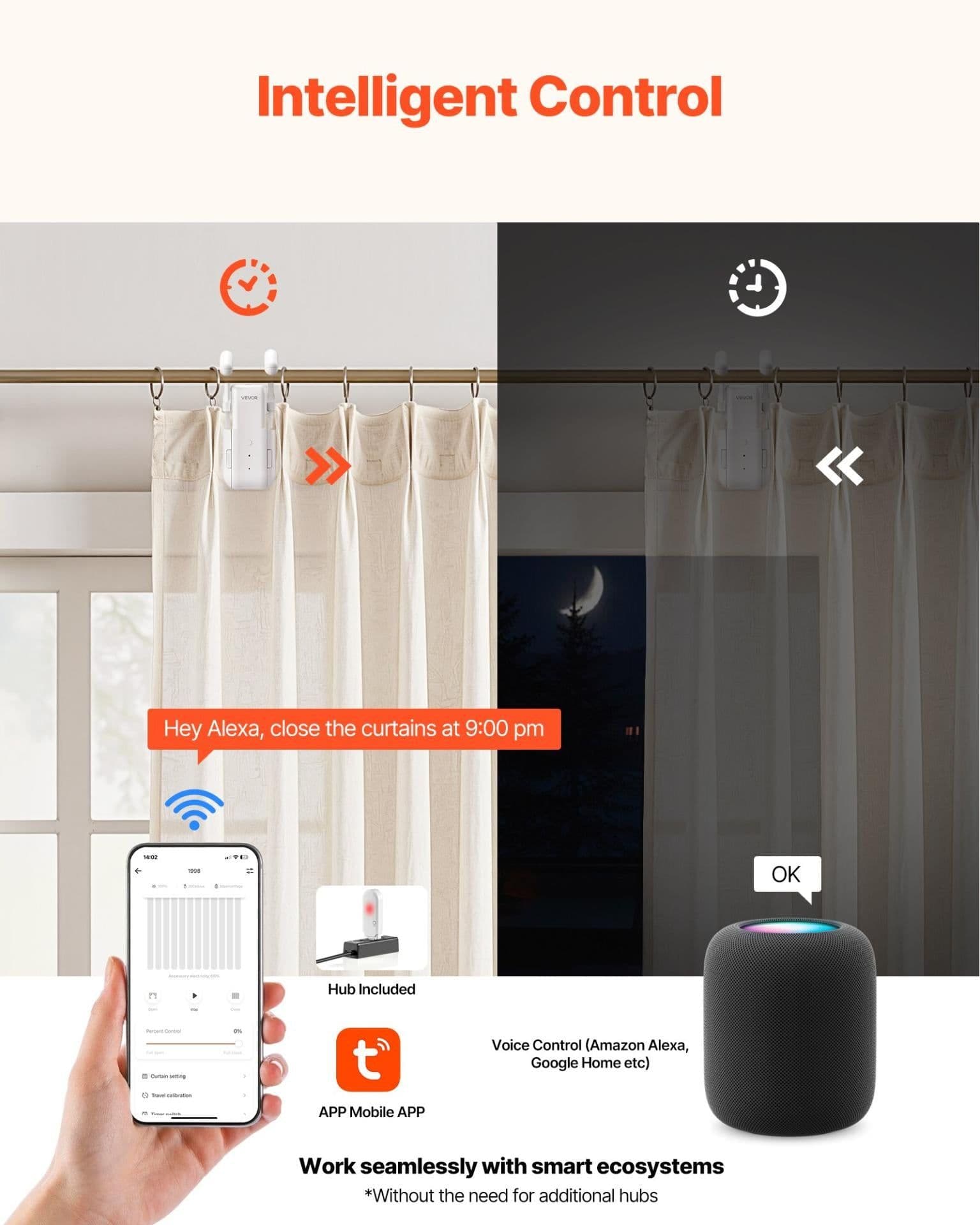 image-VEVOR Automatic Curtain Opener, APP and Remote Control, Hub Included, Electric Smart Curtain Opener Compatible with Alexa and Google Home, Timed Opening and Closing, Silent Mode, for Roman Rods