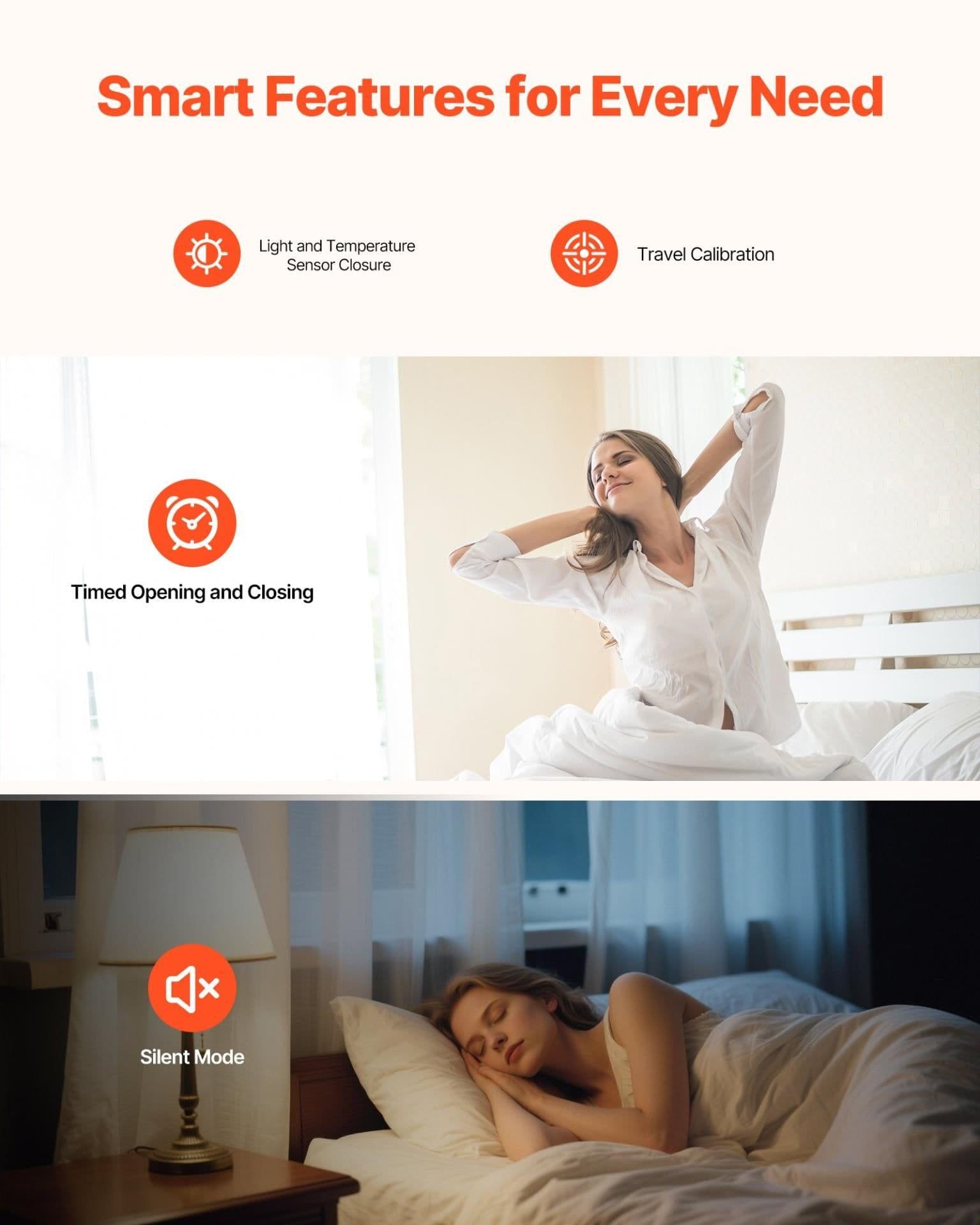 image-VEVOR Automatic Curtain Opener, APP and Remote Control, Hub Included, Electric Smart Curtain Opener Compatible with Alexa and Google Home, Timed Opening and Closing, Silent Mode, for Roman Rods