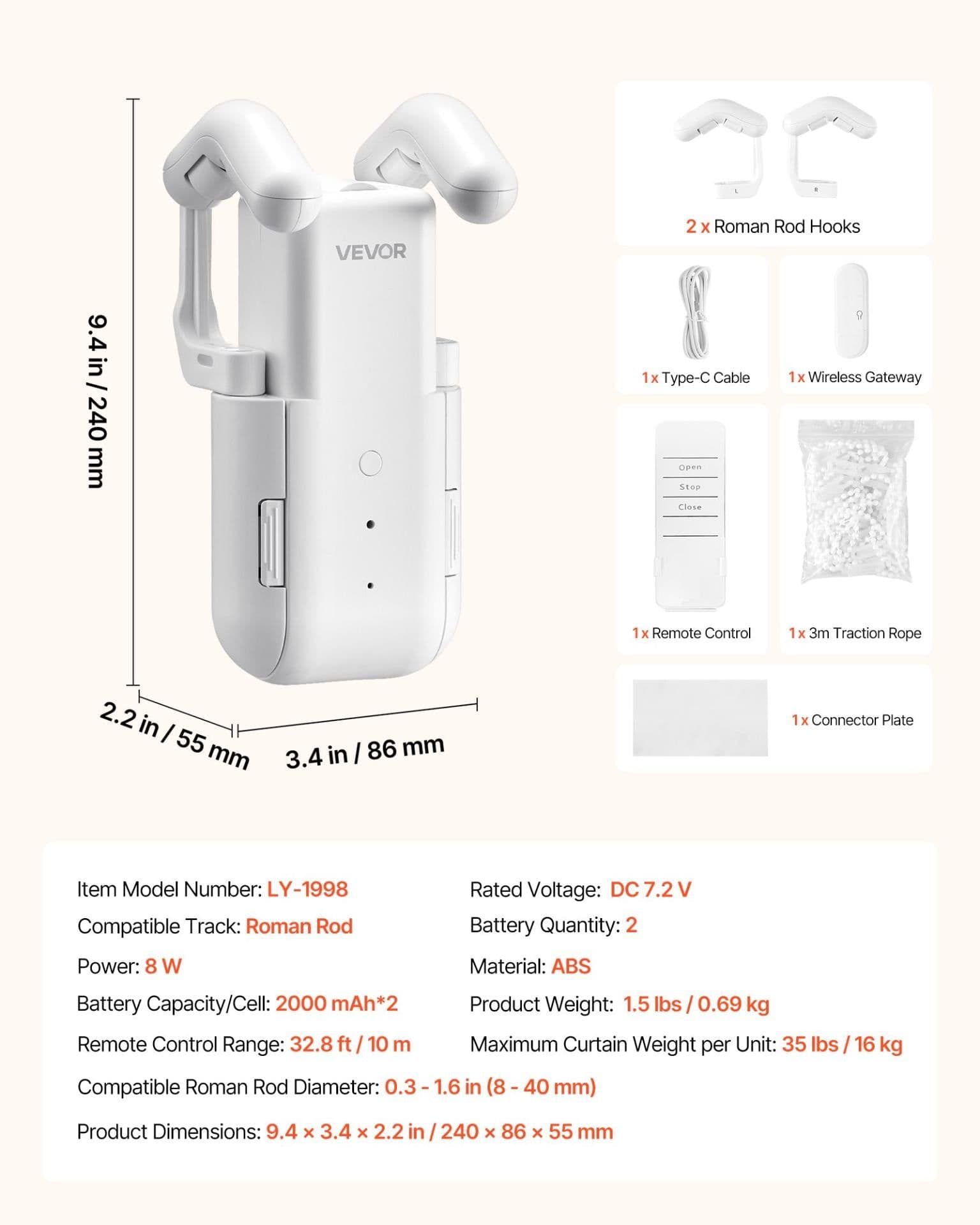 image-VEVOR Automatic Curtain Opener, APP and Remote Control, Hub Included, Electric Smart Curtain Opener Compatible with Alexa and Google Home, Timed Opening and Closing, Silent Mode, for Roman Rods