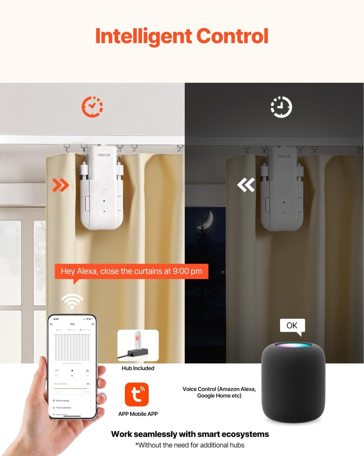 image-VEVOR Automatic Curtain Opener, 2 Pack, APP and Remote Control, Hub Included, Electric Smart Curtain Opener Compatible with Alexa and Google Home, Timed Opening and Closing, for Roman Rods, U/I Rails